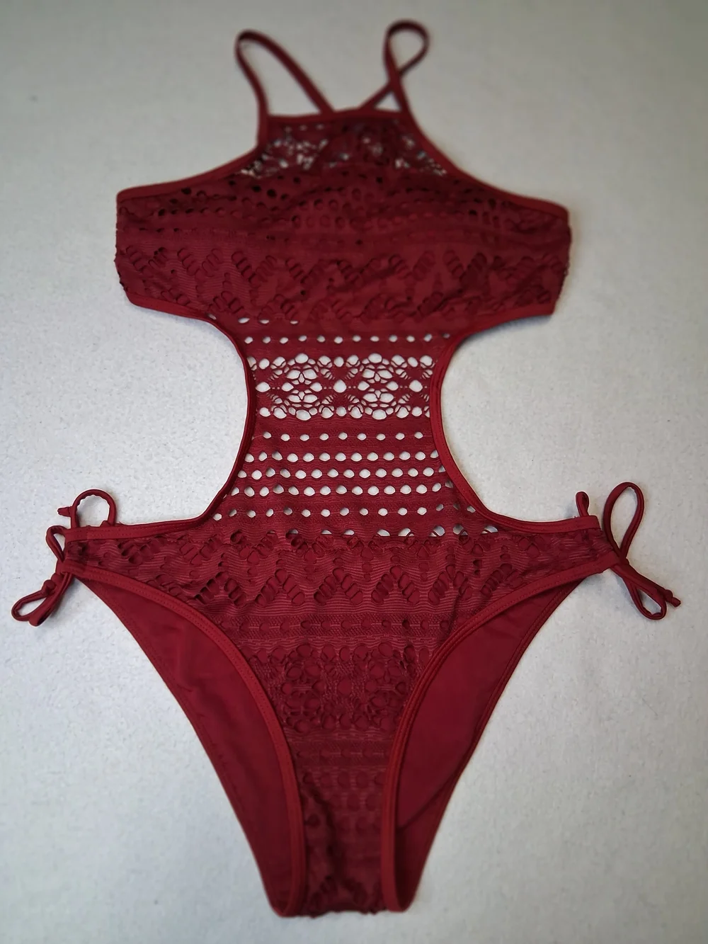 4/20$ ➡️   Crochet Cutout One-Piece Swimsuit - Wine Burgundy Crochet Monokini - Picture 2 of 11